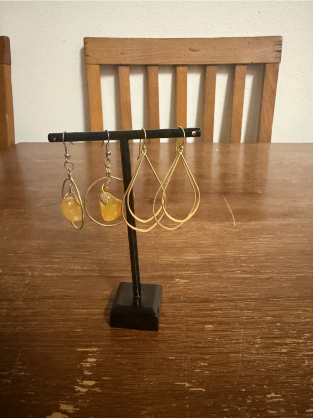 2 Pair Dangle Earrings Lot Gold Tone Yellow Stone Teardrop Hoop Boho Jewelry